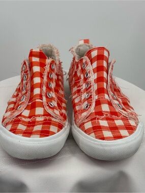 Corkys Babalu Orange & White Check Fray Sneakers Women’s Size 8